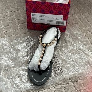 Tory Burch, New in Box Emmy Pearl Sandal/Calf Leather Black, size 7.5
